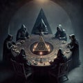 Secret Society on a round table making moves for the world, black cloaks, Dungeon,- Generative AI