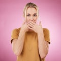 Secret, studio and woman with her hand on her mouth with a shock, surprise or quiet face expression. Gossip, shocked and Royalty Free Stock Photo