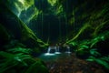 A secret tunnel hidden among a dense rainforest serves as the entrance to a hidden realm.