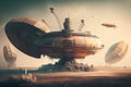 secret ufo cosmodrome, with airships and ufos taking off and landing