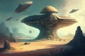 secret ufo cosmodrome, with airships and ufos taking off and landing