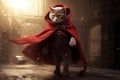 In a secret underground lair, a crime - fighting cat dons a cape and mask, defending the city from yarn bandits. Superhero style. Royalty Free Stock Photo