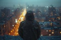 Secret Watchful Eyes: A Mysterious Man in a Hooded Jacket Surveys the City& x27;s Night Streets Royalty Free Stock Photo