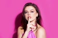 Secret young woman girl. Say hush be quiet with finger on lips shhh silence gesture. Royalty Free Stock Photo