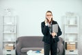 Secretary answering telephone in office.Portrait of young businesswoman accountant in formal wear at office work place