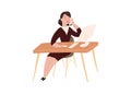 Secretary. The girl in a business suit sits at table with the computer, holds phone in hand. Character illustration isolated.