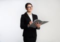 Secretary Girl Holding Folder Writing Business Report Standing, White Background Royalty Free Stock Photo