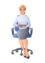 Secretary in office chair with tablet computer. Isolated raster illustration. Royalty Free Stock Photo