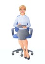 Secretary in office chair with tablet computer. Isolated vector illustration. Royalty Free Stock Photo