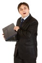 Secretive modern businessman hiding laptops screen