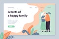 Secrets of a happy family landing page template. Seniors hugging. Loving couple of old people kisses
