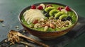 The Secrets to a Perfect Morning with Green Smoothie Bowls Packed with Nuts, Kiwi, Pear, and Berries Royalty Free Stock Photo