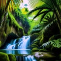 Secrets of the verdant canopy. Exploring a lush tropical rainforest with a cascading waterfall.AI generated