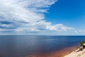 Section of big reservoir with sandy shore fragment against sky Royalty Free Stock Photo