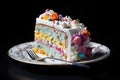 A section of a delicious, frosted birthday cake with a decorative design and pastel colors