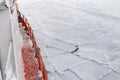 Red boat sailing through pieces of cracked sea ice in Greenland Royalty Free Stock Photo