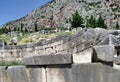 Section of the ruins of Delphi, where The inscription was found at the site of the Treasury of the Boeotians Royalty Free Stock Photo