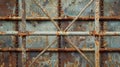 A section of scaffolding made of aging metal rods with intricate patterns of chipping paint and rust forming a unique