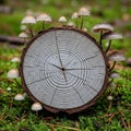 Section of a tree log is surrounded by small mushrooms in a natural Royalty Free Stock Photo