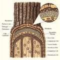 Sectional diagram of a tree trunk detailing the bark and internal structure Royalty Free Stock Photo
