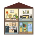 Sectional house for dolls. Vector flat illustration. Living room and bedroom, bathroom and kitchen. Royalty Free Stock Photo