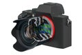 Sectional of mirrorless digital camera. 3D rendering