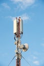 Sector and directional antenna of mobile telecommunications on tower over blue sky background