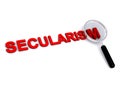 Secularism with magnifying glass on white