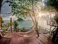 Seculed terrace with wooden hammocks Royalty Free Stock Photo