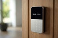Secure access control panel installed on wooden door for modern home security solutions Royalty Free Stock Photo