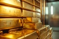 In secure bank vault, stack of large gold bars can be seen Royalty Free Stock Photo