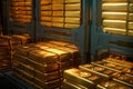 In secure bank vault, stack of large gold bars is displayed Royalty Free Stock Photo