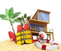 Secure beach concept Life jacket life ring and a horn and other