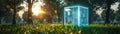 Secure blockchain voting booth in futuristic design, low angle grass view, ample copy space