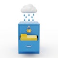 A secure blue filing cabinet with a yellow document folder locked under a rainy cloud icon image Royalty Free Stock Photo