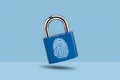 Secure blue padlock with fingerprint imprint on blue background, symbolizing biometric security