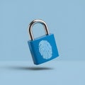 Secure blue padlock with fingerprint imprint on blue background, symbolizing biometric security