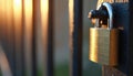 Secure brass padlock fastened on black metal gate, protection, restriction. Warm sunset light reflects off lock, metal bars, Royalty Free Stock Photo