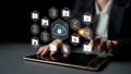 Secure Cloud Computing Concept with Data Protection Icons on Tablet Screen for Digital Transformation and IT Security Royalty Free Stock Photo