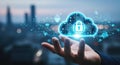 Secure cloud computing hand holding digital lock symbol over cityscape data technology Royalty Free Stock Photo