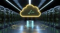 Secure Cloud Data Center: Illuminated Server Racks & Glowing Cloud Icon Royalty Free Stock Photo