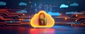 Secure cloud data protection visual, showcasing digital safeguards on a modern tech backdrop