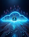 A secure cloud with financial data encrypted in layers, with futuristic locks and graphs showing steady growth digital Royalty Free Stock Photo