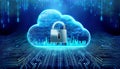 A secure cloud with financial data encrypted in layers, with futuristic locks and graphs showing steady growth worldwide Royalty Free Stock Photo