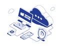 Secure cloud login system with PC, mobile verification and security shield connected to cloud service via data flows in Royalty Free Stock Photo