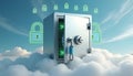 Secure cloud storage concept with a safe and floating padlocks Royalty Free Stock Photo