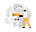 Secure cloud storage. Data backup, encrypted cloud storage, data protection in the cloud. Password access. Illustration