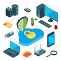 Secure cloud storage. Isometric data storage vector concept. Information transfer, internet and local network