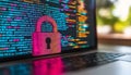 Secure Code Padlock Symbol Over Programming Code on Laptop Screen, Software Security Concept