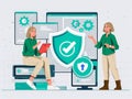 Secure Collaboration: A Visual Representation of Cybersecurity Teams Using Green and Teal Colored Shields, Gears, and Access Contr Royalty Free Stock Photo